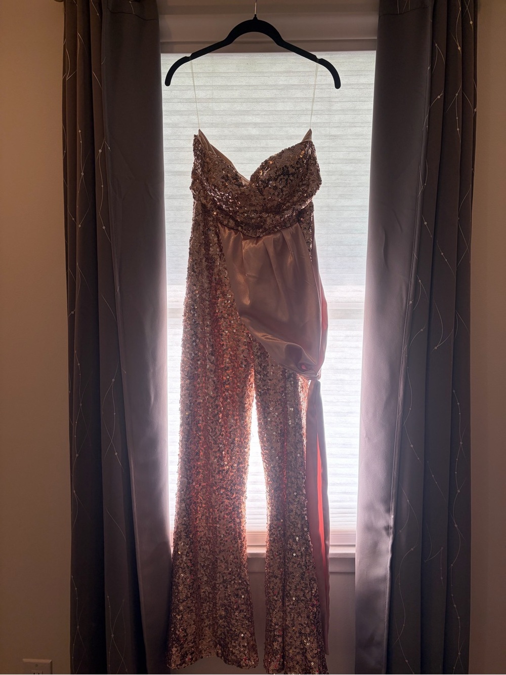 Sequin Strapless Jumpsuit in Rose Gold